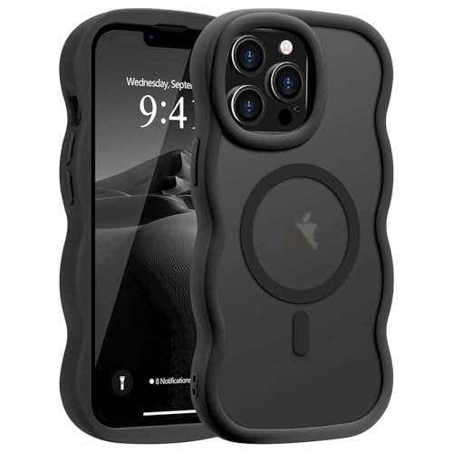 Pepmune for iPhone 13 Pro Max Case, Curly Wavy Frame Hard Translucent Matte Clear Back Cover for Women Men Compatible with Magsafe TPU Bumper Shockproof Phone Case for iPhone 13 Pro Max, Black