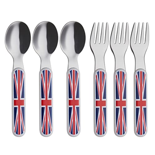 EXZACT Posate per bambini in acciaio inox 18/10, set di posate per bambini, 3 forchette, 3 cucchiaini da pranzo con manico in plastica, utensili per bambini senza BPA, Union Jack