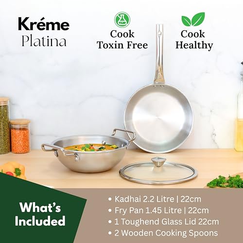 Image of Kreme Platina Triply Stainless Steel Cookware Set 3 Pc - Superior Finish, Cool Grip Handle, Induction Compatible | 100% Non-Toxic, Nickel-Free | Frypan 1.45 L + Kadai 2.2 L with Lids