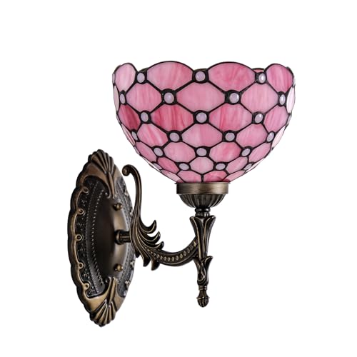 Image of Tiffany Wall Sconce Hand-Weld Stained Glass Bedside Lamp with Classic 8 Inches Lampshade for Bedroom Hallway Living Room Home Office (Pink)