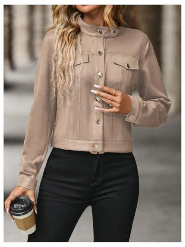 MakeMeChic Women's Faux Suede Jacket Button Down Long Sleeve Collared Coat Outerwear3