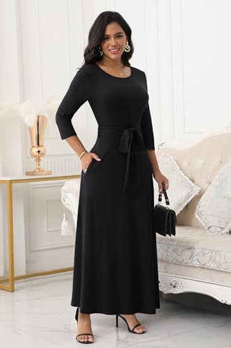 FANDEE Women's Long Maxi Dress 2025 Casual 3/4 Sleeve Dresses Empire Waist Round Neck with Belt4