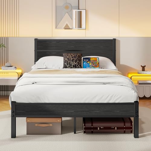 DUMEE Double Bed Frame with Wooden Headboard and Footboard, Metal Wooden Bed Frame 4ft6 Under Bed Storage, Enhanced Support (Black Oak)