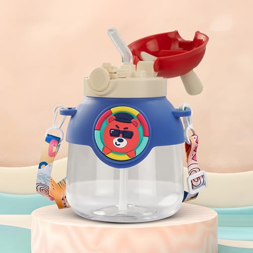 Image of BAYBEE Bubbly Kids Sipper Water Bottle 670ml | BPA Free & Leakproof Safe Sipper Bottle with Straw | Cute Rabbit Design Smooth Sipping with Handle & Neck Strap, Flip Lid for School Kids & Babys (Blue)