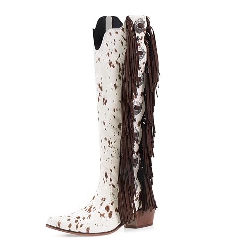 LACIKOSZ Cow Print Western Boots for Women Fringe Tall Cowboy Boots All Season Mid Heel Country Style Riding Boots with Side Zipper