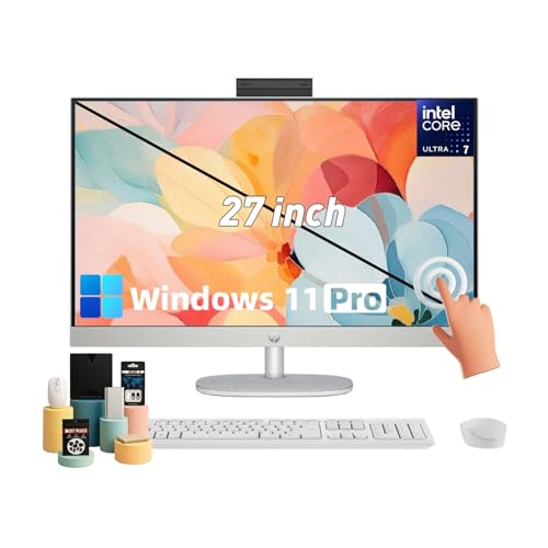 Image of HP All-in-One Computer Desktop, 27'' FHD Touchscreen, Intel 12-core Ultra 7 155U(Beats i7-1355U), Windows 11 Pro, Wireless KB & Mouse, Wi-Fi 6, Bluetooth, Adjustable Height (32GB DDR5 RAM | 1TB SSD)