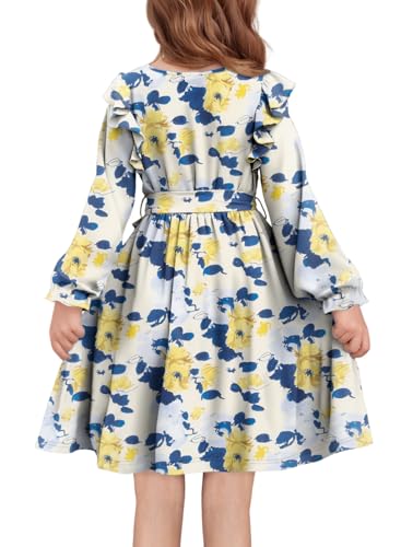 Yoklass Girls Dress Long Sleeve Ruffle Elegant Flowy Swing Dresses with Belt 4-13 Years4