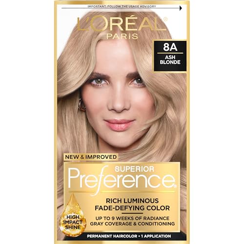 L'Oreal Paris Superior Preference Luminous Fade-Defying Permanent Hair Color, Hair Dye For Up to 9 Weeks of Radiance, Ash Blonde 8A, 1 Hair Dye Kit