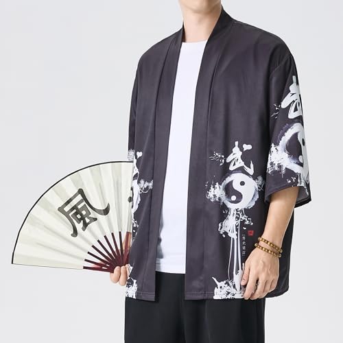Image of Men's Japanese Kimono Robe Jacket Lightweight 3 /4 Sleeve Open Front Yukata | Silky Smooth Fashion Print Happi Coat Lightweight Breathable Loose Unisex Haori Casual Summer Cardigan Daily Beach Vacation