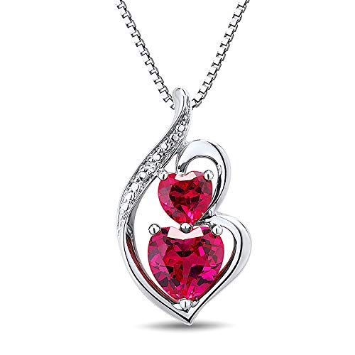 Created Ruby Pendant Necklace with Heart in Sterling Sterling and Diamond Accents- 18 Inch Box Chain