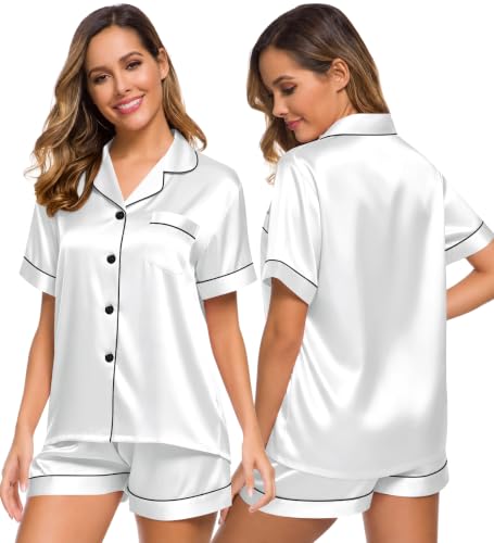 Image of SWOMOG Womens Silk Satin Pajamas Set Short Sleeve Sleepwear Button Down Top and Shorts Loungewear 2 Piece Pjs Set XS-3XL