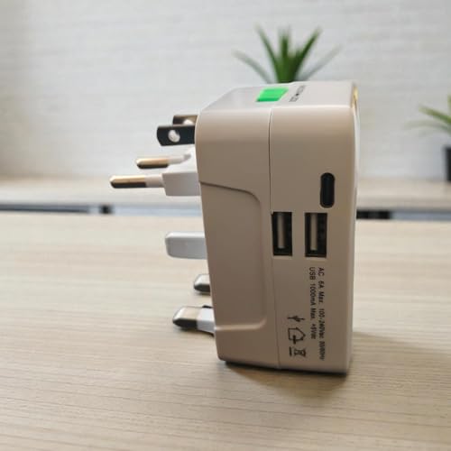 Image of Hawk Universal Travel Adapter, (Model : Atom) 3 Port with Dual USB Type-A and Type-C Charger, International Power Converter for 150+ Countries, White, 100-240V AC