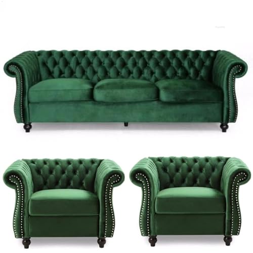 Image of Modern & Classic Chesterfield Sofa 5 Seater Sofa Velvet L-Shape Corner Sectional Button Tufted Sofa for Living Room, Dining Room, Office and Hallway-(Green).