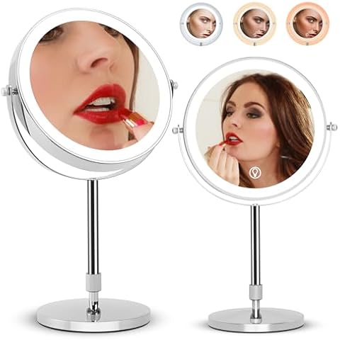 10x Large Vanity Mirror with Lights, LED Makeup Mirror with 3 Color Modes & 1x/10x Magnification, 8" Adjustable Height, 2500mAh Rechargeable, 360° Rotating Double-Sided Mirror, for Women Cover