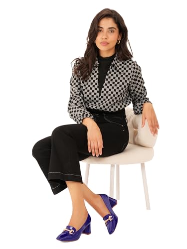 Image of Womens Mid Block Chunky Heeled Loafers Closed Square Toe Patent Leather Comfortable Slip On Pumps Metal Chain Basic Classic Casual Work Office Dress Shoes 2.8 Inches Heels