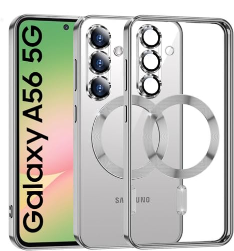 Image of VONZEE Clear Logo Electroplating Transparent Back Case for Samsung Galaxy A56 5G, Magnetic Plating Electroplate TPU Cover, Individual Camera Protection for Each Lens- Grey