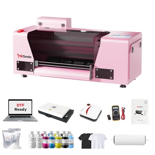InkSonic H13 DTF Printer Machine, A3 T-Shirt Printing Pink Machine with Oven, Direct to Film Printer with F1080 Printhead, Auto Maintenance, Film Cutter, Small Business Printers, Beginners DTF Bundles