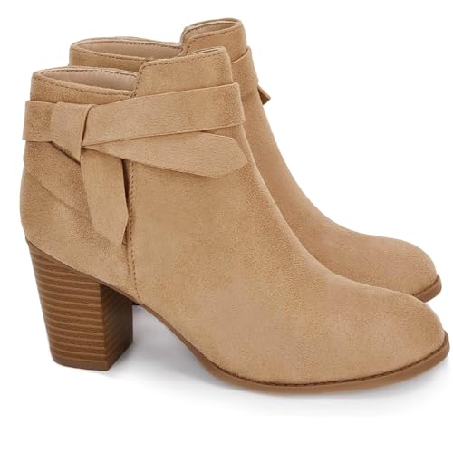 PiePieBuy Women's Tie Knot Chelsea Pump Ankle Boots Closed Toe Stacked Heel Booties Shoes