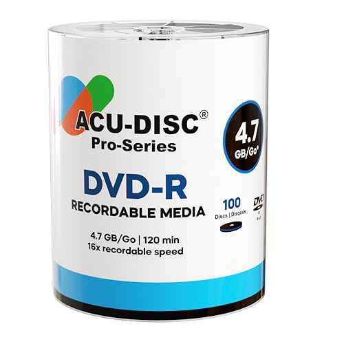 ACU-DISC Pro-Series DVD-R 4.7GB 16x Speed 120 Minutes Blank Discs AZO Dye UV Protection Hard Coat Anti-Scratch Surface Perfect for Photos & Videos Compatible with Any DVD Drive 17721 100 Pack