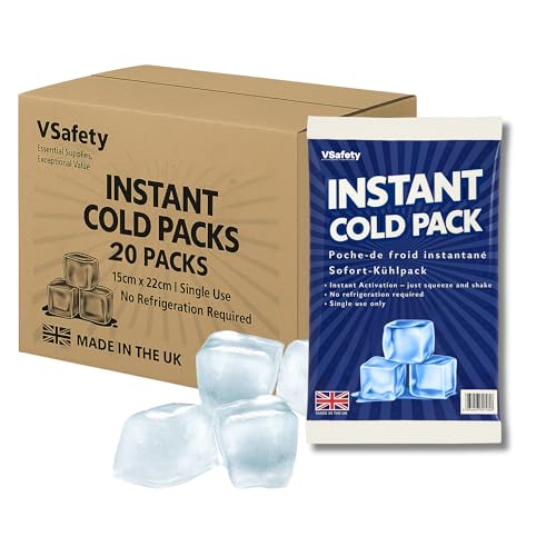 V Safety Instant Ice Packs - UK-Made Disposable Cold Compress No Refrigeration Needed Squeeze to Activate - Portable Cooling for Food Drinks & Outdoor Use - Medium Size (Pack of 20)