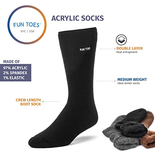 Fun Toes Men 3 Pairs Thermal Insulated Heavy Duty Winter Acrylic Brushed Socks Size 8-13 (Black) #TOP2