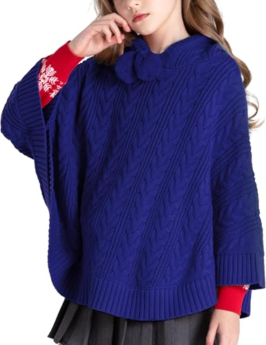 Image of BOBOYOYO Cape for Girls Hooded Cable Knit Poncho Sweaters Kids Shawl