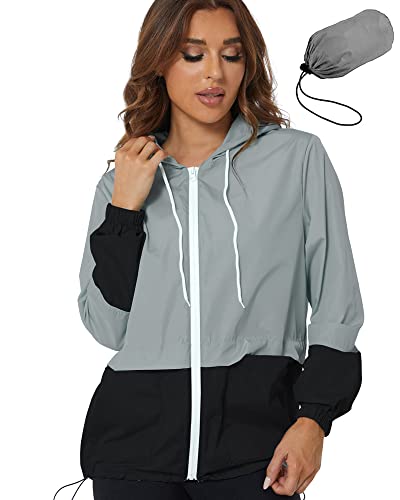 YAOBAOLE Womens Outdoor Hooded Windbreaker Color Block Raincoat Packable Lightweight Waterproof Rain Jacket Gray XXL