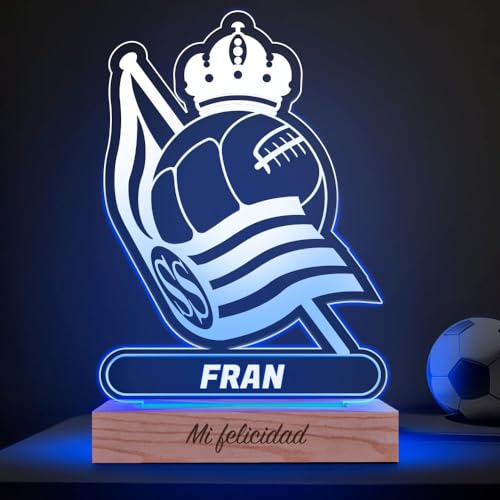 Transparent Gift Lámpara Personalizada Equipos Fútbol. Regalos Originales Cumpleaños Infantiles. Regalos para Hombres, Día del Padre. Diseño Escudo Real Sociedad de Metacrilato y Madera. Luz LED