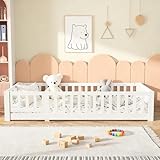 Yeutre Cama infantil en el suelo 90 x 200 cm, cama de suelo infantil de madera con barrera de seguridad y somier de láminas, marco de camas Montessori para niños y niñas, niños y bebés, fácil de