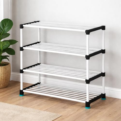Image of PLX 4 Tier Plastic Shoe Rack for Home, Stackable Shoe Organizer Shelf Stand, Space Saving Footwear Storage Rack for Bedroom, Closet & Entryway, White