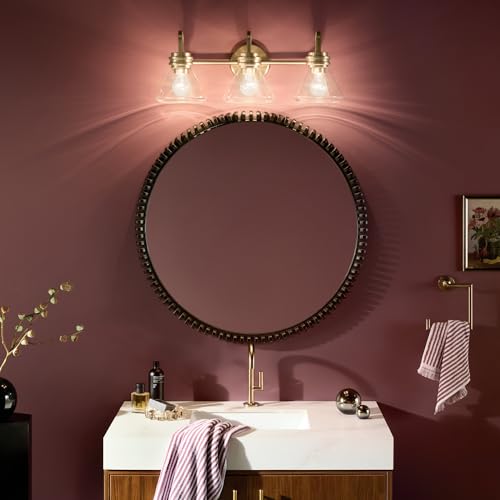 Image of Kichler Farum 26 inch 3-Light Bathroom Vanity Light Fixture with Clear Glass in Champagne Bronze for Over Mirror, Modern Wall Mount Lighting (26 inch W x 9.5 inch H), 55155CPZCLR