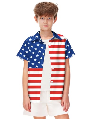 Image of Remimi Unisex Kids 4th of July Button Up Shirt Boys American Flag Print Hawaiian Beach Short Sleeve Tops 5-14 Years
