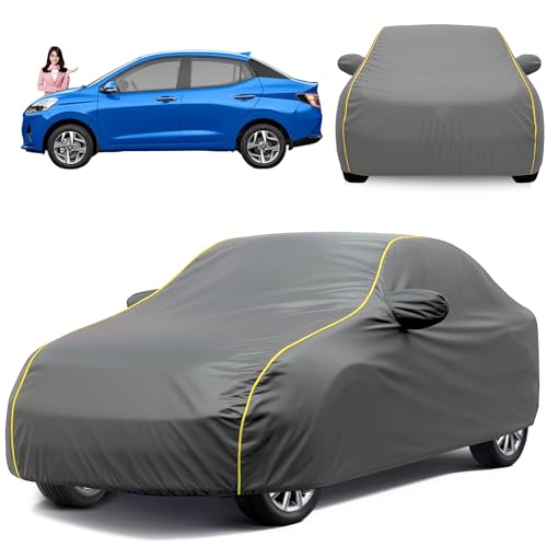 Image of Avecrew 100% Waterproof Car Cover for Hyundai Aura All Model Mirror & Antenna Pocket Triple Stitched, Dustproof Full Body Protection (Heat & UV Resistant,Grey)