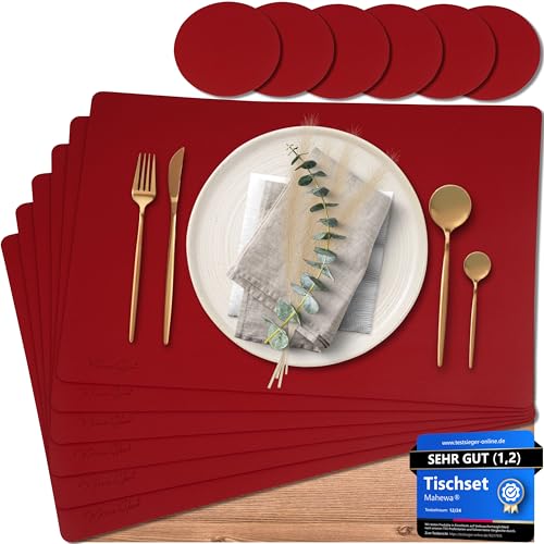 Mahewa® 6er Set Premium Tischset aus Kunstleder - Platzset abwaschbar und wasserdicht - Platzdeckchen Telleruntersetzer in Lederoptik (Bordeaux, Eckig)
