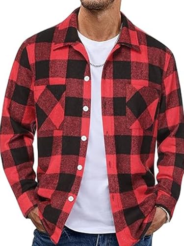 EUDOLAH Camisa de Franela Hombre a Cuadros Overshirt Manga Larga Estilo Leñador Cuello Abotonado y Ajuste Regular Fit Estilo Casual Vintage(M,Negro Rojo)