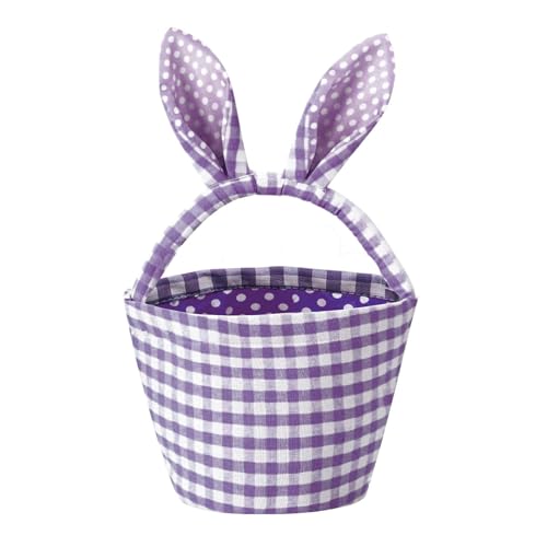 Luckywaqng 1 pieza Easter Bunny Basket Bags With Cute Ears Plaid Bucket Storage for Easter Egg Hunts Decorations Candy Storage Kinderrucksäcke Junge (Purple, One Size)