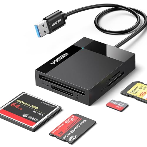 UGREEN USB 3.0 Lecteur de Carte SD Micro SD TF CF MS 4 en 1 Adaptateur Compact Flash 5Gbps Transfert Rapide Simultané à 4 Cartes pour Windows MacOS Linux ChromeOS Appareil Photo, Long Câble 50CM
