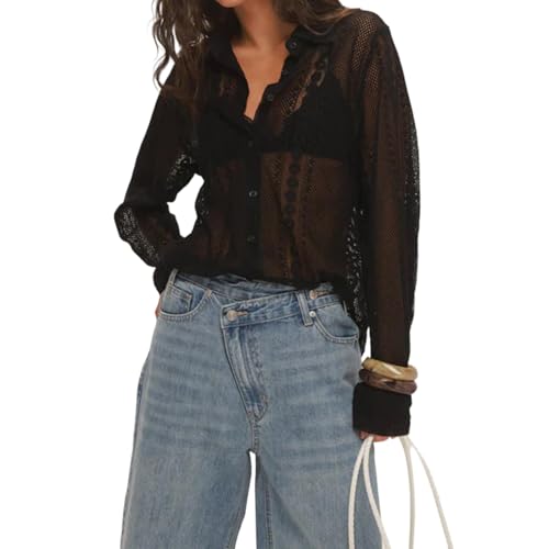Women's Lace Long Sleeve Top Dressy Casual Embroidery Y2K Hollow Out Sheer Mesh Button Up Shirt Blouse