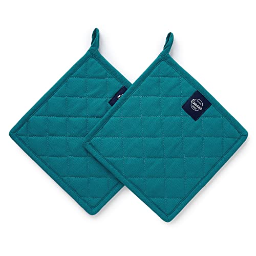 Image of Encasa XO Heat Resistant Cotton Pot Holders with Hanging Loop - Set of 2 - Azul Blue - Multipurpose Quilted Everyday Hot Pad for Kitchen, Camping, BBQ & Microwave - 21 cm