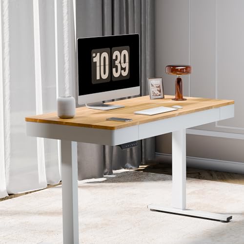 Image of FLEXISPOT Standing Desk with Drawer, 48 x 24 Inch Electric Adjustable Height Stand Up Desk with Storage Organizer, Whole Piece Wooden Desktop for Home, Office, Computer Workstation, Maple