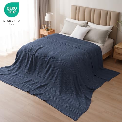 Image of PHF 100% Cotton Waffle Blanket Oversized King 120 inchx120 inch, Lightweight Breathable Extra Large 10'x10' Blankets for Bed, Giant Big Luxury Aesthetic Woven Bedding for Home Decor, Indigo