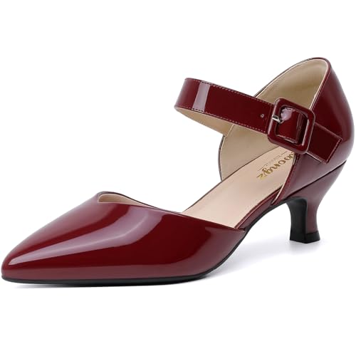 Image of RIBONGZ Comfortable Kitten Heels for Women Pointed Closed Toe Ankle Strap Buckle Heels Slip on Low Heel Church Pumps Wedding Bridal Party Dressy Shoes