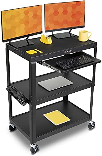 Line Leader Extra Wide AV Cart with Lockable Wheels - Adjustable Shelf Height - Includes Pullout Keyboard Tray and Cord Management (42 x 32 x 20 / Black)