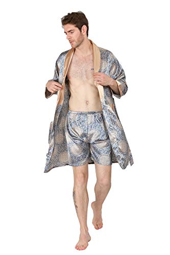 Mage Male Men's Summer Luxurious Kimono Soft Satin Robe With Shorts Nightgown Long-Sleeve Pajamas Printed Bathrobes Blue Gold #TOP5