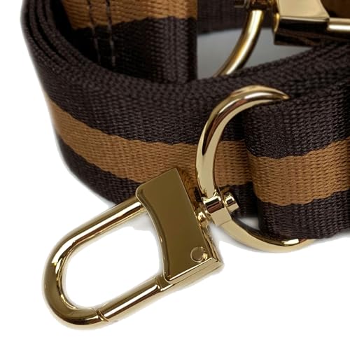 Dark Brown & Gold Strap - Wide/Comfy/Soft Nylon - Adjustable Crossbody - U shape Swiveling Clips