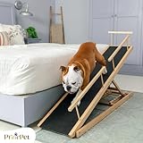 Hunderampe Bett PRIORPET aus Birkenholz mit Sicherheitsgeländer - Höhenverstellbare hundetreppe für Betten bis zu 94.5cm - Klappbar - Anti-Rutsch-Griff - Für kleine Hunde bis zu 23kg - Naturel