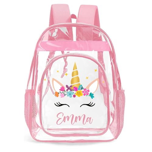 Personalized Clear Backpacks with Name, Custom Unicorn Clear Backpack for Gifts, with Reinforced Strap & Large Capacity PVC Transparent Waterproof Backpacks for Travel Camping Work