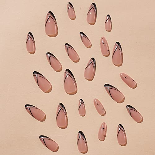 Almond Shaped Fake Nails Black Acrylic Press On Nails French Tip Nails With Gold Glitter Swirl And Stars Trendy Design False Nails For Women And Girls Nails Decoration 24Pcs #TOP1