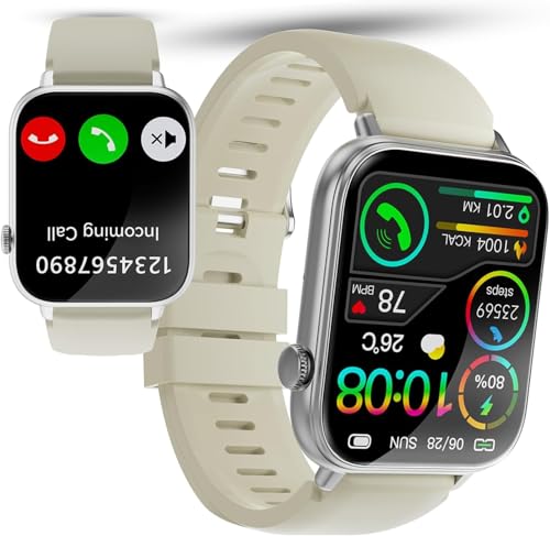 Smartwatch Herren Damen, 1,85' HD Touchscreen Smart Watch mit Telefonfunktion, 100+ Sportmodi Sportuhr mit Schrittzähler/Schlafmonitor/Herzfrequenzmonitor, IP68 Wasserdicht Fitnessuhr, Cremeweiß