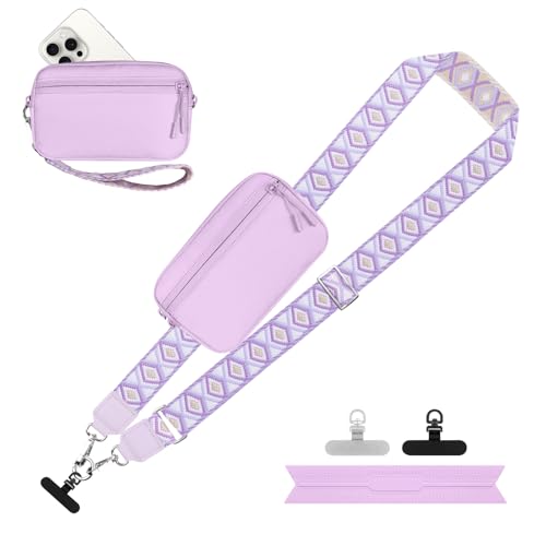 Image of YFWE Clip and Go Strap for Phone with Wallet Crossbody, Adjustable Phone Lanyard with Detachable RFID Wristlet Wallet, Pattern Strap - Light Purple(L)